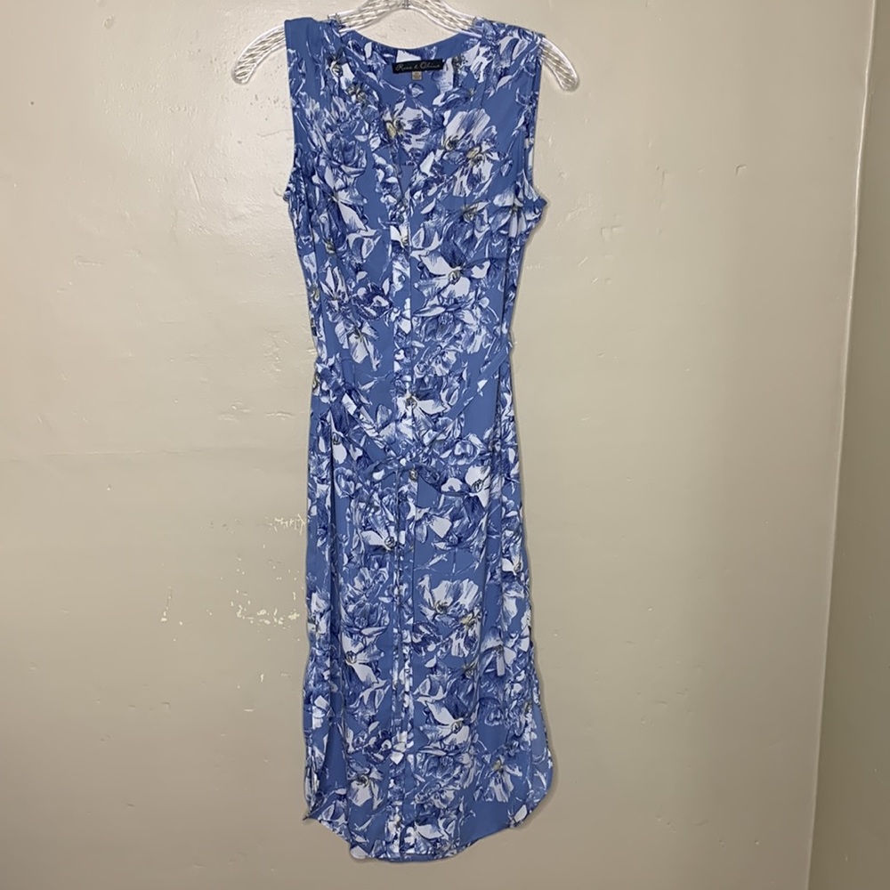 ROSE & OLIVE Shirt Dress Blue White Floral Button Front Belted Sleeveless XS